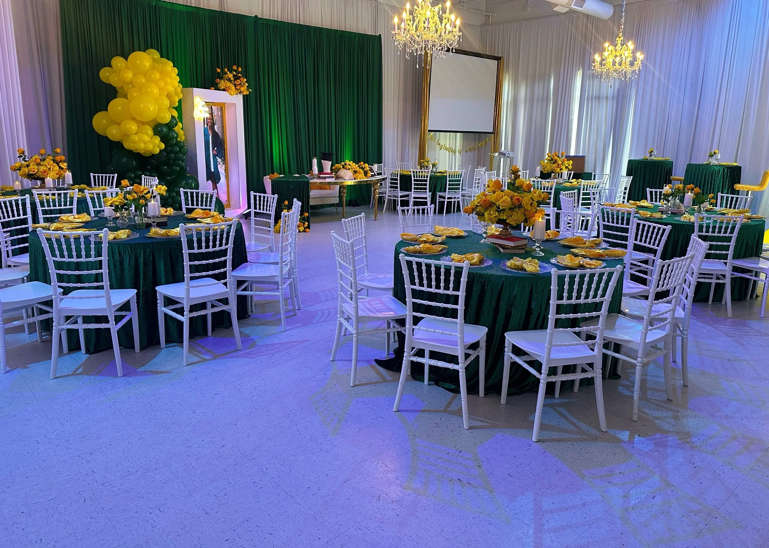 Elegant event setup with green and yellow