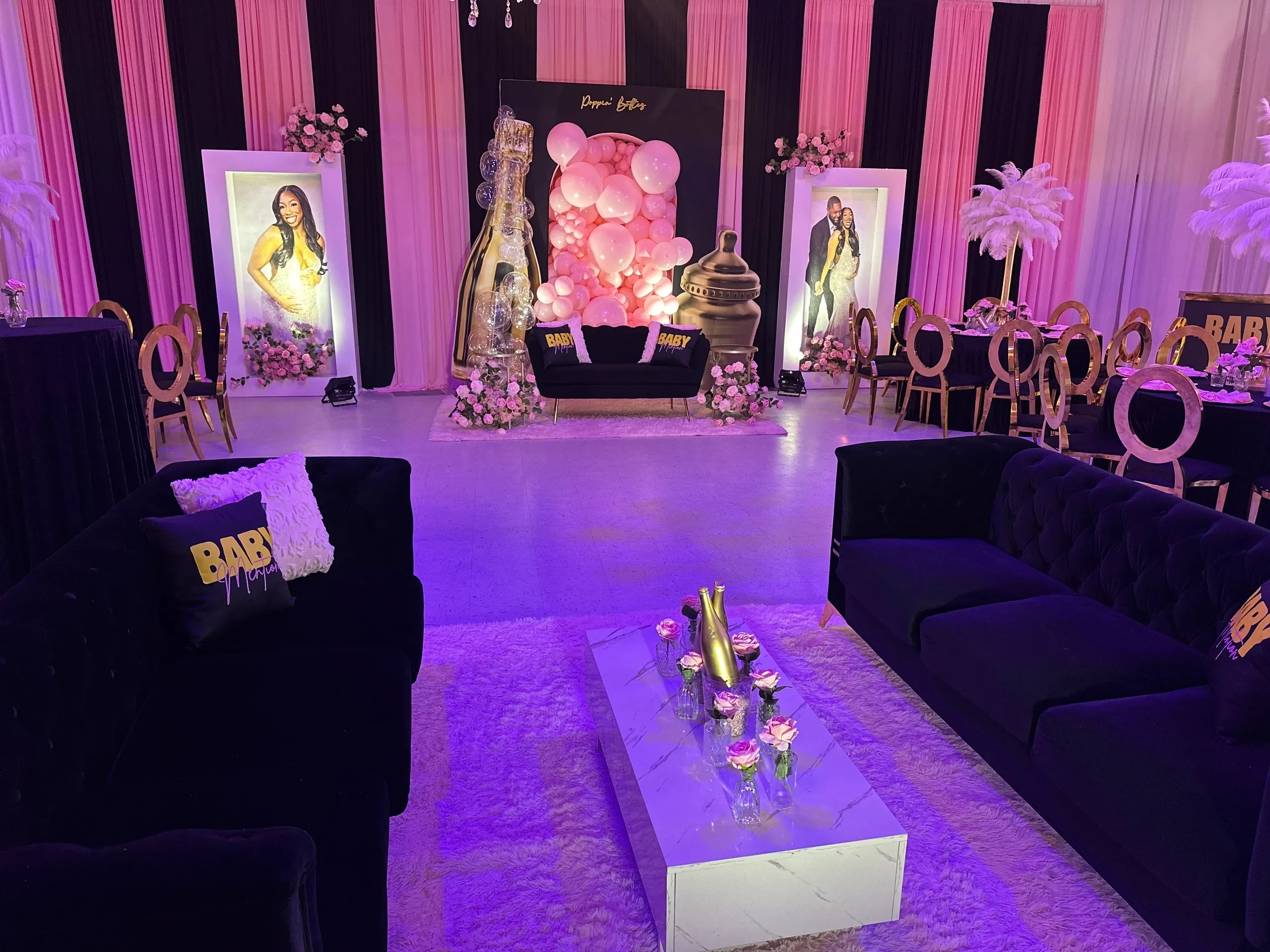 Stylish event space with floral arrangements