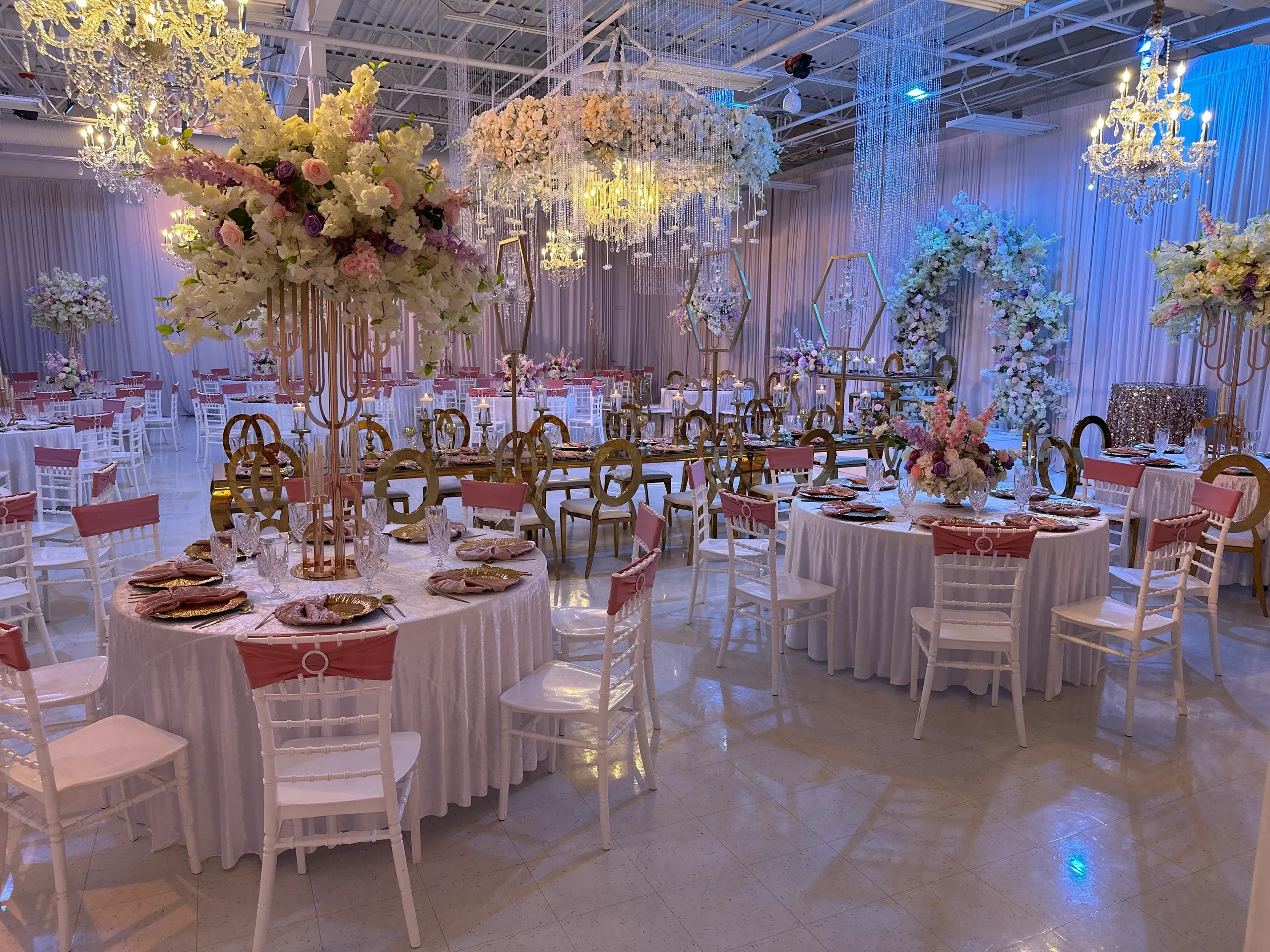 Luxurious banquet hall with chandeliers