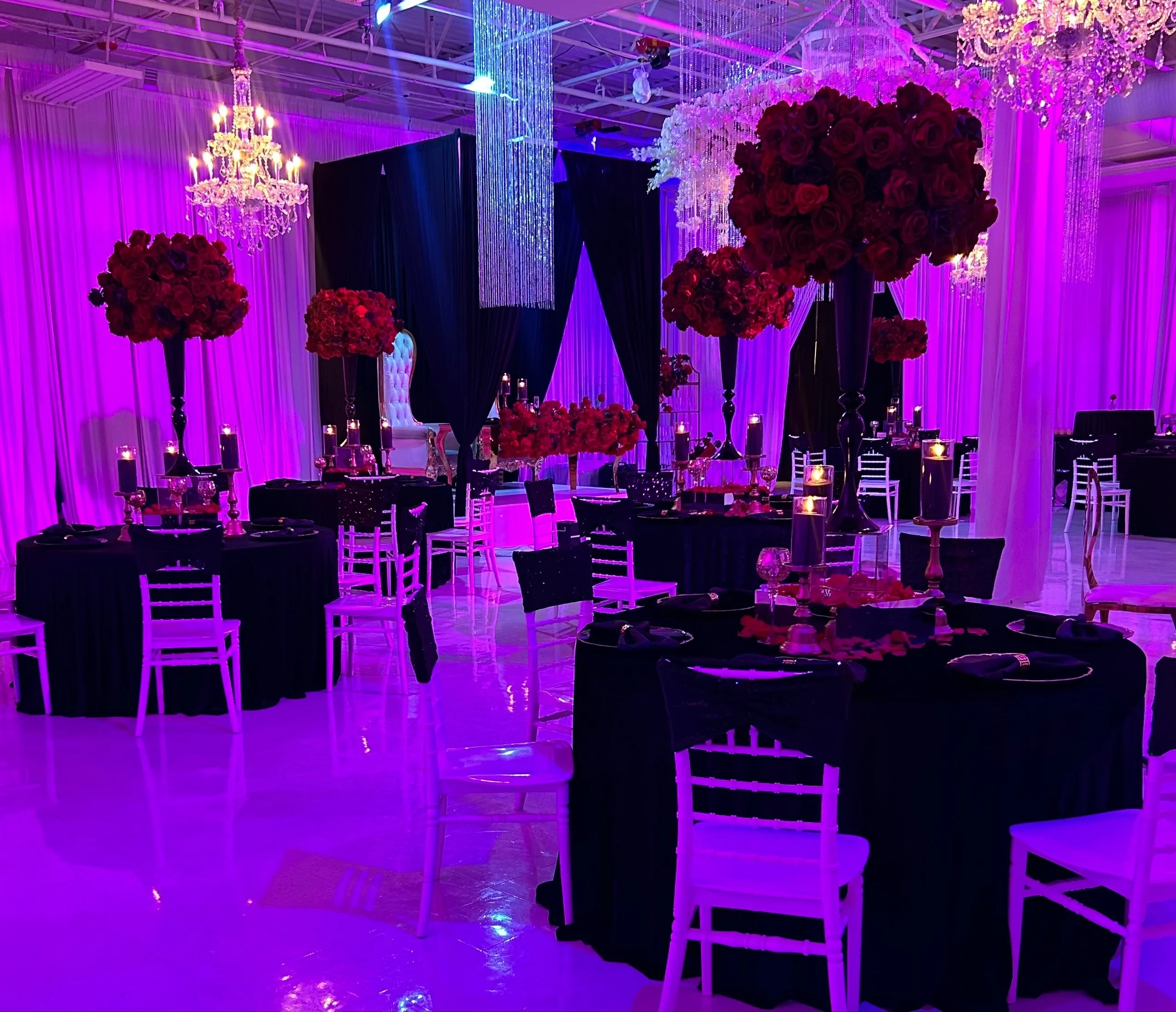 Elegant event space with purple lighting